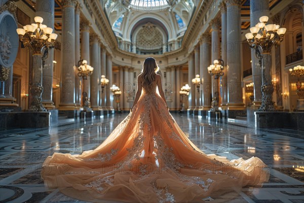 A woman in an elegant dress in a grand ballroom with dramatic lighting, AI generated