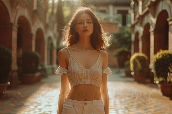 Serene young woman in casual clothing basks in the golden sunlight of an outdoor courtyard, AI generated