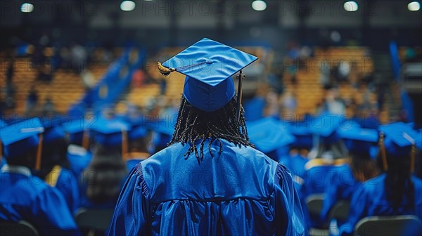 Back view of a female in a blue graduation gown attending the graduation ceremony, AI generated