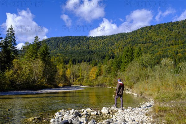 Hiker at the Jachen, Jachenau, Toelzer Land, Upper Bavaria, Bavaria, Germany, Europe