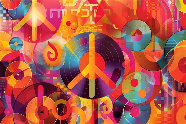 A vibrant retro-styled illustration with peace symbols and vinyl records, illustration, AI generated