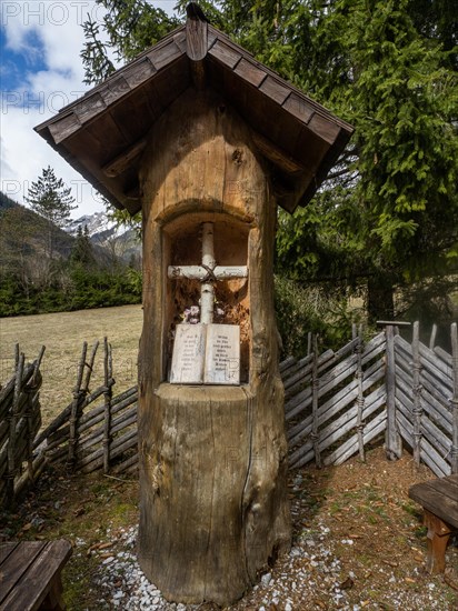 Carving with religious motto, birch wood cross, Jassing, Styria, Austria, Europe