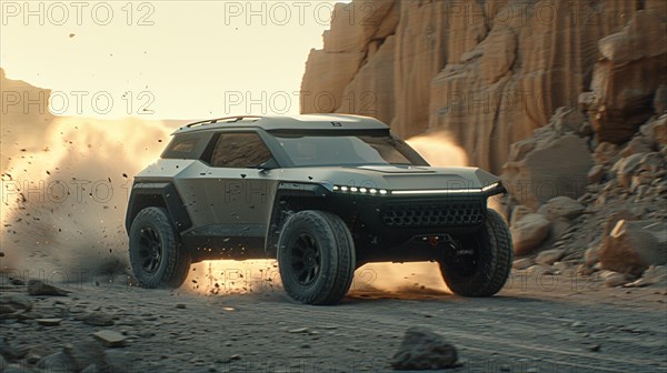 Futuristic off-road vehicle speeding through a desert kicking up dust, AI generated