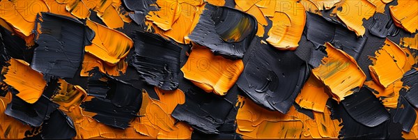 Black and orange paint strokes on canvas creating an abstract contrasting texture, banner 3:1 wide style, horizontal aspect ratio, AI generated