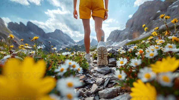 Person hiking on a mountain trail surrounded by summer flowers, AI generated