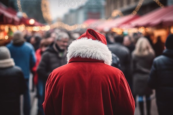 Back view of man dressed up as Santa Claus at Christmas market. KI generiert, generiert, AI generated