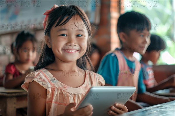 Preschool girl sitting in the classroom with a digital tablet and smiling at the camera, symbol image, digital teaching, learning environment, media skills, eLearning, media education, AI generated, AI generated, AI generated