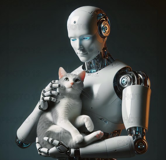 A humanoid robot holds a cat in its arms and strokes it, symbolic image cybernetics, emotion, animal love AI generated, AI generated