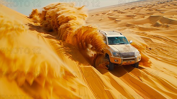 A beige SUV charging through the desert dunes, throwing up waves of sand, action sports photography, AI generated