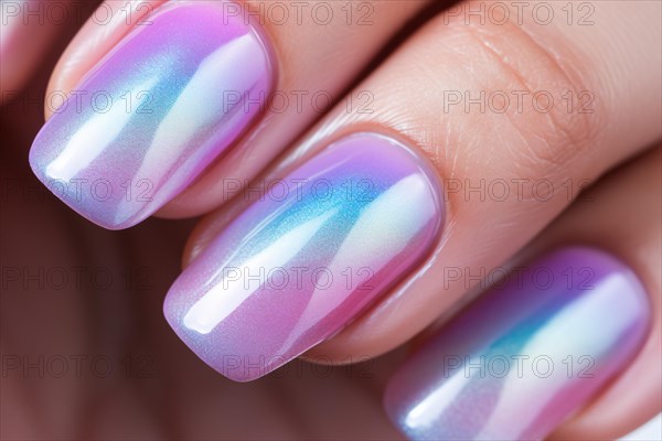 Close up of woman's fingernails with metallic pink and blue nail art design. KI generiert, generiert, AI generated