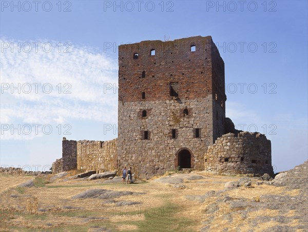 The tower in Hammershus, Scandinavia's largest medieval fortification and is one of the largest medieval fortifications in Northern Europe. Now ruin and located on the island Bornholm, Denmark, Baltic Sea, Scandinavia. Scanned 6x6 slide, Europe