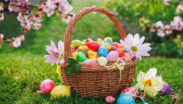 A festive Easter basket filled with colourful eggs, surrounded by spring flowers in the grass, symbol of Easter, AI generated, AI generated