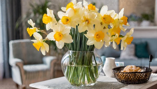 A large bouquet of yellow daffodils in a vase stands on the table in the flat, AI generated, AI generated