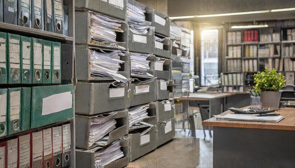 An office shelf filled with labelled folders and stacks of documents, symbolism bureaucracy, AI generated, AI generated