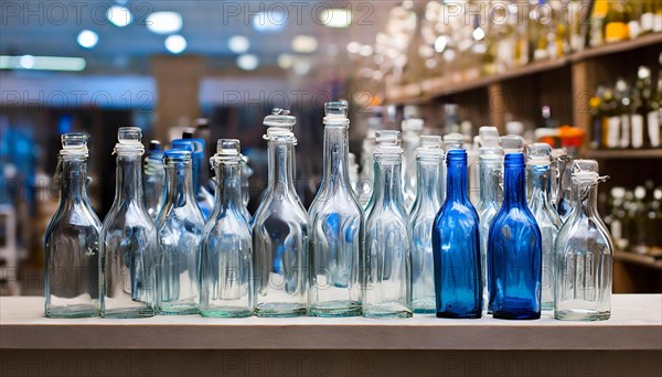 Empty glass bottles, various, standing in a row, AI generated, AI generated