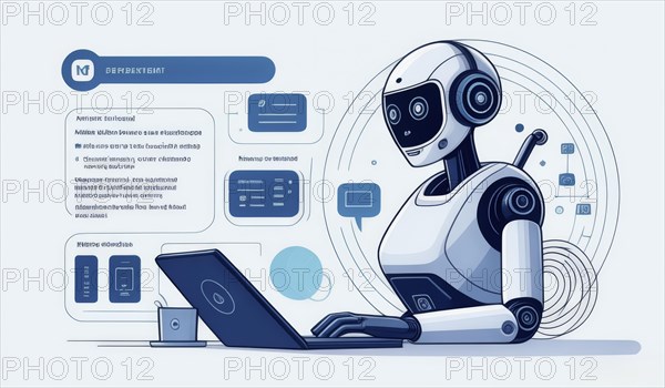 Robot at a laptop with infographics, symbolizing data analysis and digital tech, ai generated, AI generated