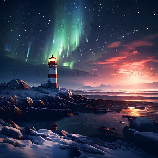 Lighthouse standing on a snow covered coast with aurora borealis dancing in the night sky, AI generated