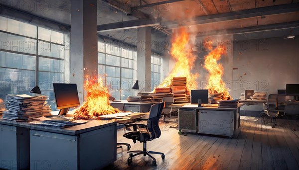 Large flames consume stacks of paper in an office in dramatic light, symbol bureaucracy, AI generated, AI generated