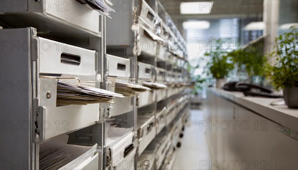 Metallic mailboxes filled with documents in a modern office, symbol bureaucracy, AI generated, AI generated