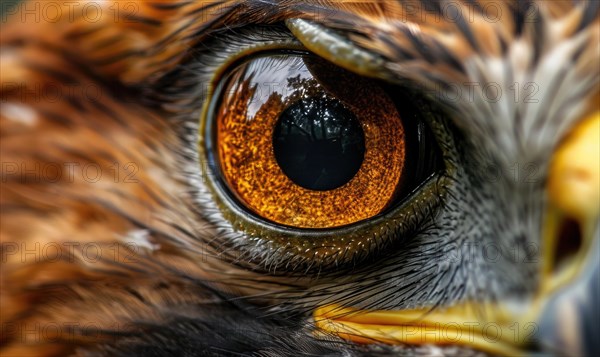 Intense close-up of a bird's eye capturing the gaze and detailed feathers AI generated