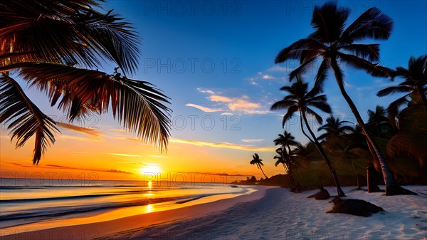 Coastal landscape bathed in sunset with clear blue water and golden beach, AI generated