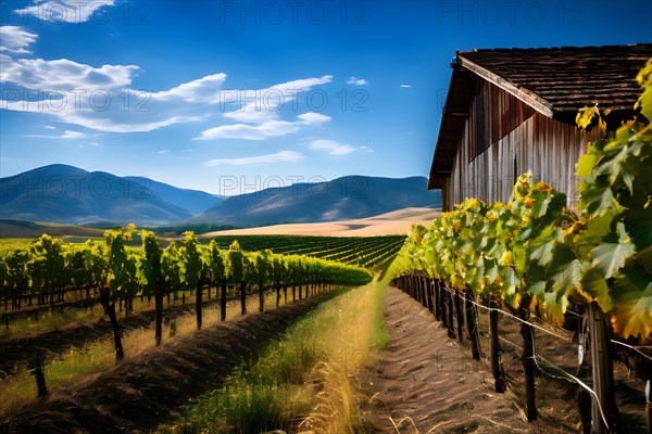 Vineyard at peak season grapevines in orderly rows, AI generated