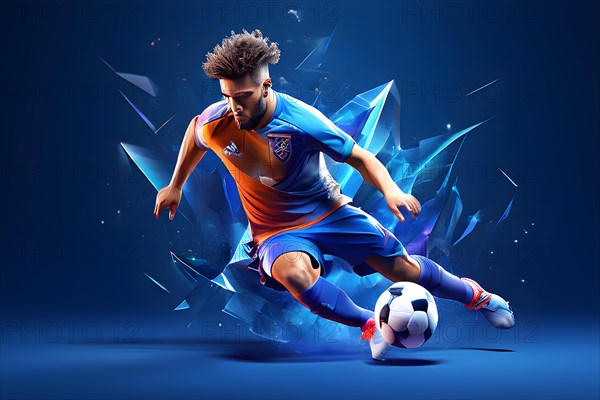 Abstract digital render of a male soccer athlete morphing into fluid shapes, AI generated