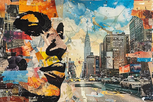 Dynamic abstract collage of urban life with a figure and colorful skyscrapers in mixed media, illustration, AI generated