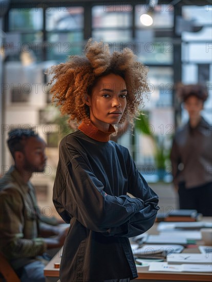 Confident professional woman in a modern office with co-workers in the background, AI generated