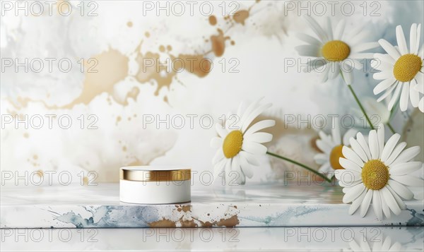 Blank cosmetic jar mockup placed on an elegant watercolor chamomile background, skin care and beauty AI generated