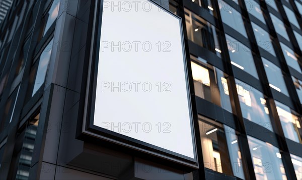 Blank screen banner mockup displayed on the modern building facade. Close Up view AI generated