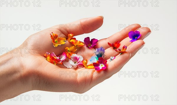 Close-up of a woman's hand holding colorful flower petals AI generated