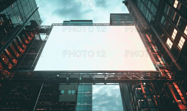 Blank screen banner mockup displayed on the modern building facade. Close Up view AI generated