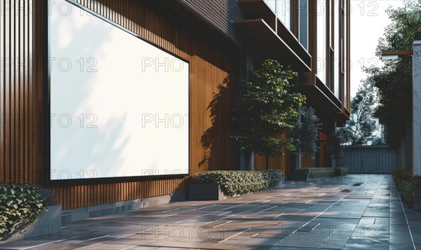 Blank screen banner mockup displayed on the modern building facade. Close Up view AI generated