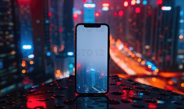 Smartphone mockup with a blank screen on a vibrant cityscape background AI generated