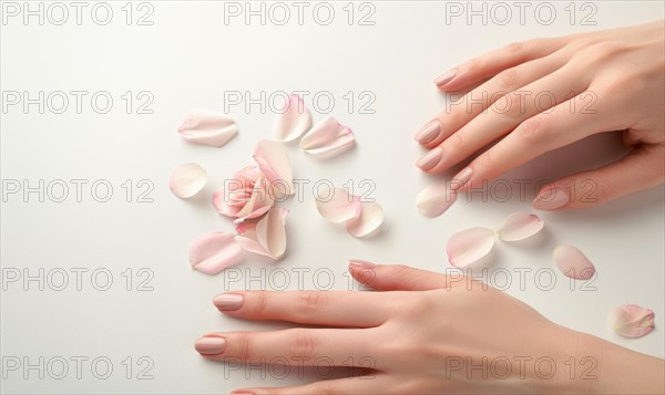 Woman's hand on white background with flower petals around AI generated