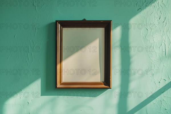 Empty dark wooden picture frame on green wall. KI generiert, generiert, AI generated