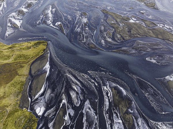 Overgrown river landscape, Eldhraun, near Kirkjubaejarklaustur, drone image, Sudurland, Iceland, Europe