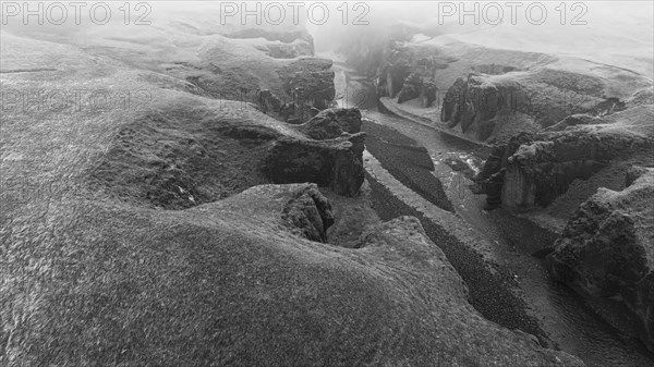 Fjadrarglijufur Canyon in the fog, Justin Bieber Canyon, drone image, black and white image, Sudurland, Iceland, Europe