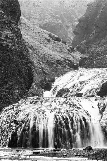 Stjornarfoss waterfall, near Kirkjubaejarklaustur, black and white photo, Sudurland, Iceland, Europe