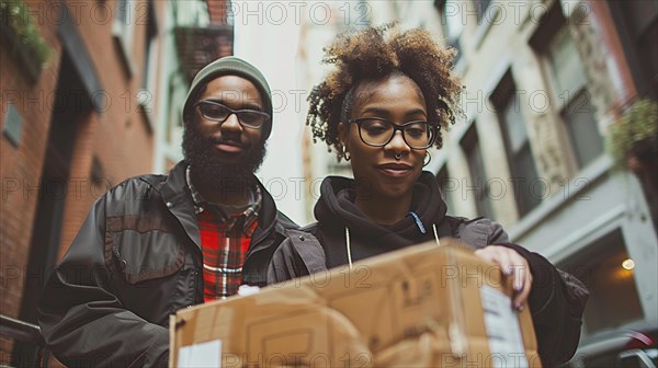 Happy African american couple standing on a city street holding a shipped package, appearing collaborative, AI generated