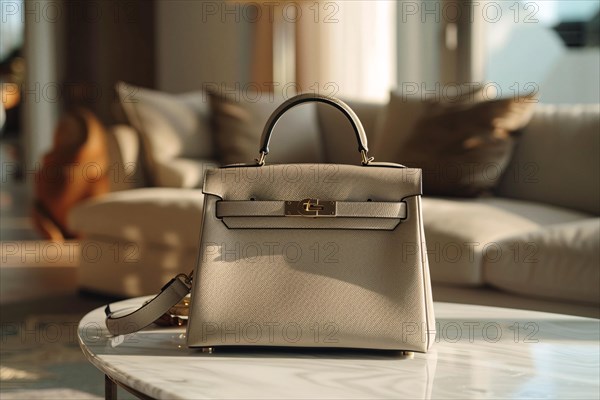 Luxurious handbag placed on a table in a modern living room setting, AI generated