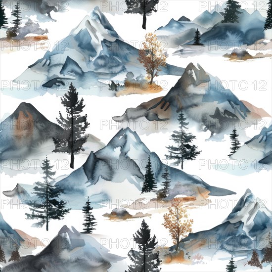 Landscape watercolor pattern with serene scenery and soft tones, abstract nature background, seamless pattern AI generated