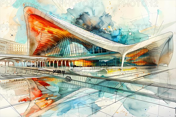Watercolor of a futuristic railway station with modern design, warm colors, and curved lines, AI generated