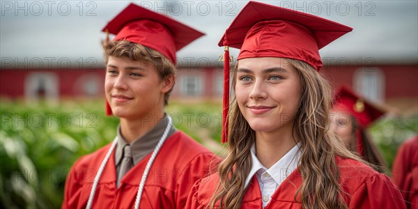 Two young caucasian graduates in red caps and gowns smiling with a sense of achievement, outdoors ceremony, AI generated
