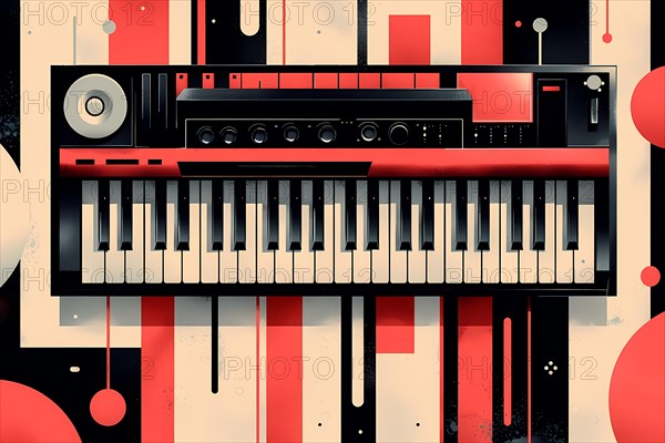 Graphic design of a red synthesizer keyboard, showcasing modern electronic music production, illustration, AI generated