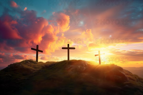 Easter concept three crosses on Golgotha Calvary hill against a dramatic sunset, AI generated