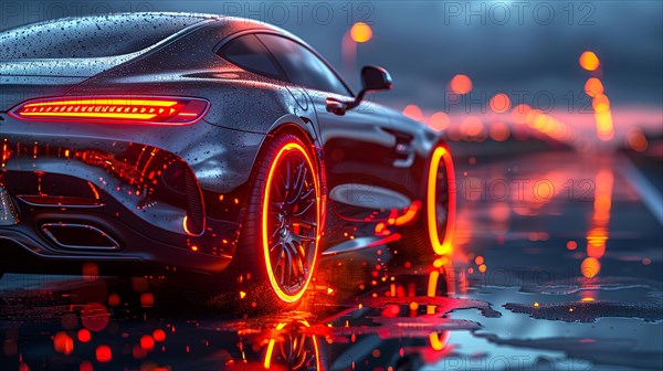 Sports car on a wet road with neon underglow reflecting on the surface during nighttime with rain and bokeh effect, AI generated