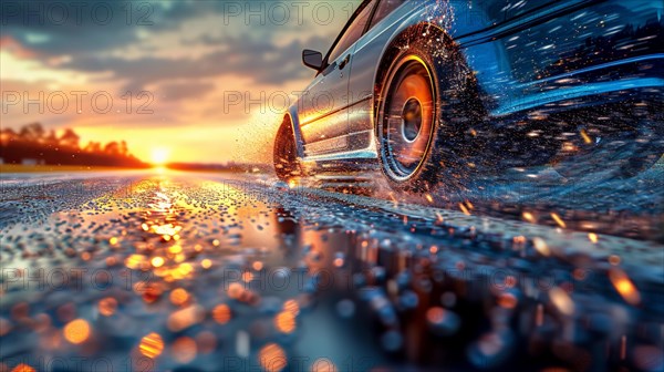 Low angle view of a car at sunset with water splashes and dynamic movement in rich orange tones, low ultra wide angle, AI generated