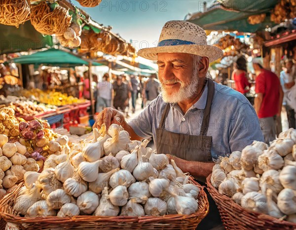 Food, spices, garlic, Allium sativum, many bulbs on a market stall in Italy, old man as seller, AI generated, AI generated